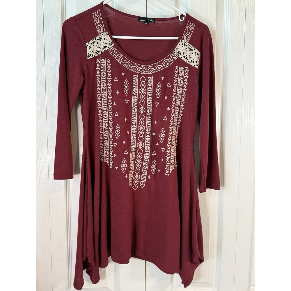 Boho Tunic Top RXB Women's Small Burgundy 3/4 Sleeve Crochet Lace Aztec Print